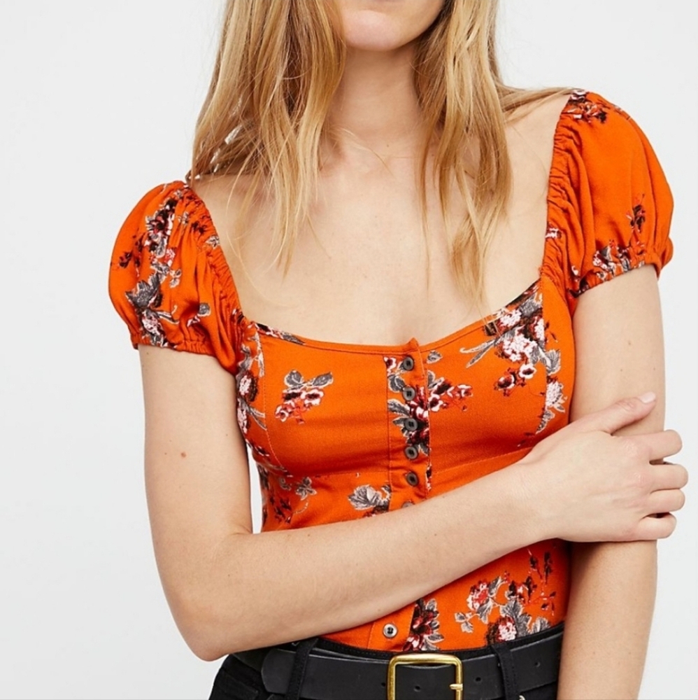 Free People La Bamba Babydoll Top‎ S Smocked Orange Floral Festival Boho Cottage